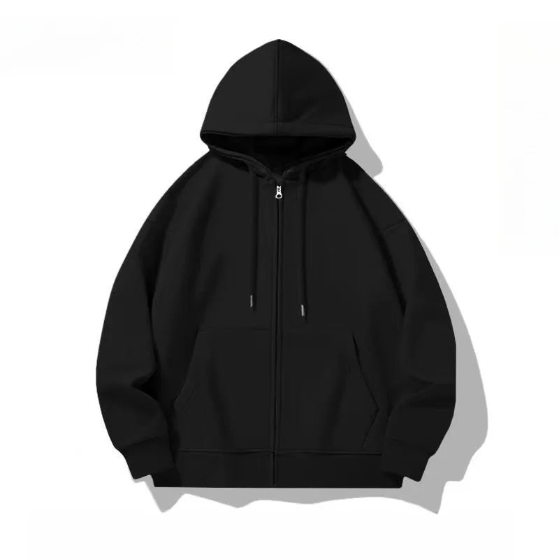 Autumn Fleece Hoodie Solid Color Hooded Korean Fashion Sweatshirts Long Sleeve Top Drawstring Pockets Loose Zipper Black Hoodies