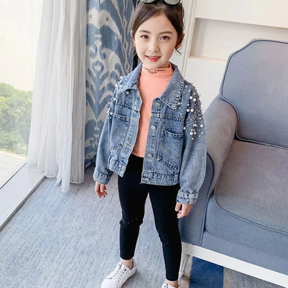 2024 New Fashion Pearls Beading Denim Jacket For Girls Coat Spring Autumn Children's Outerwear 3-10 Years Teenage Girls Clothes