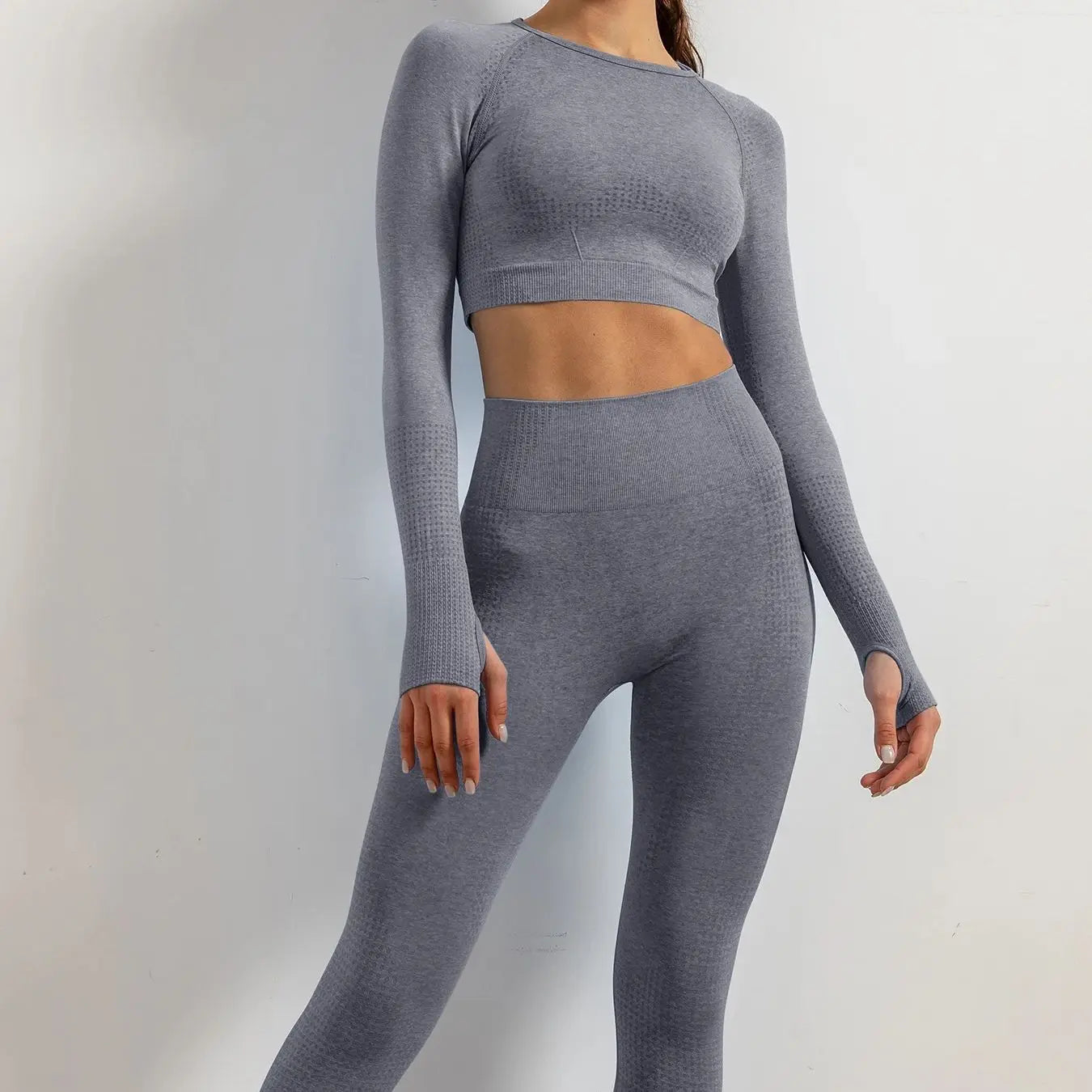 Set of 2 Women's Seamless Yoga Suit with Thumb Holes Long Sleeve Tops Gym Wear Fitness Workout Yoga Wear Leggings Long Pants