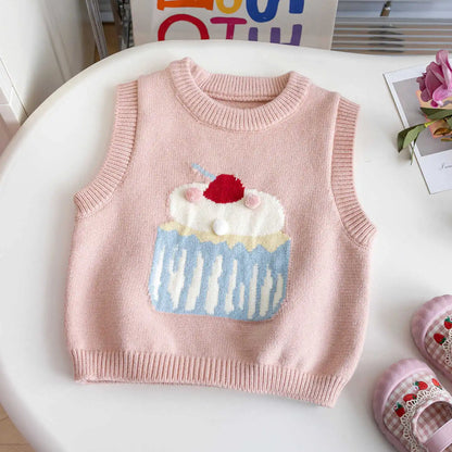 Baby Girl Cartoon Knitted Sweater Vest Infant Toddler Child Waistcoat Knitwear Sleeveless Spring Autumn Baby Clothes 1-7Y