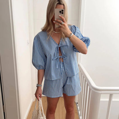 TRAFZA Summer Women Plaid Shirt Shorts Suit Lace Up Short Sleeve V Neck Blouse Top Elastic Waist Pant Y2k Female Streetwear Sets