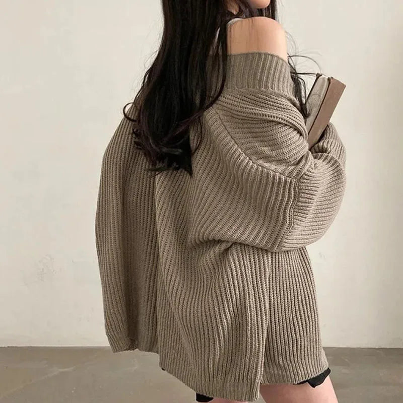 Zoki Harajuku Oversize Cardigan Sweater Women Casual Loose Lazy Wind Korean Tops Vintage Long Sleeve Lady Simple Design Cardigan