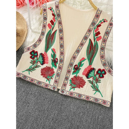 Vintage Vests Women Temperament V-neck Embroidered Vest Waistcoat Chinese Style Jacket Casual Seaside Vacation Tops Dropshipping