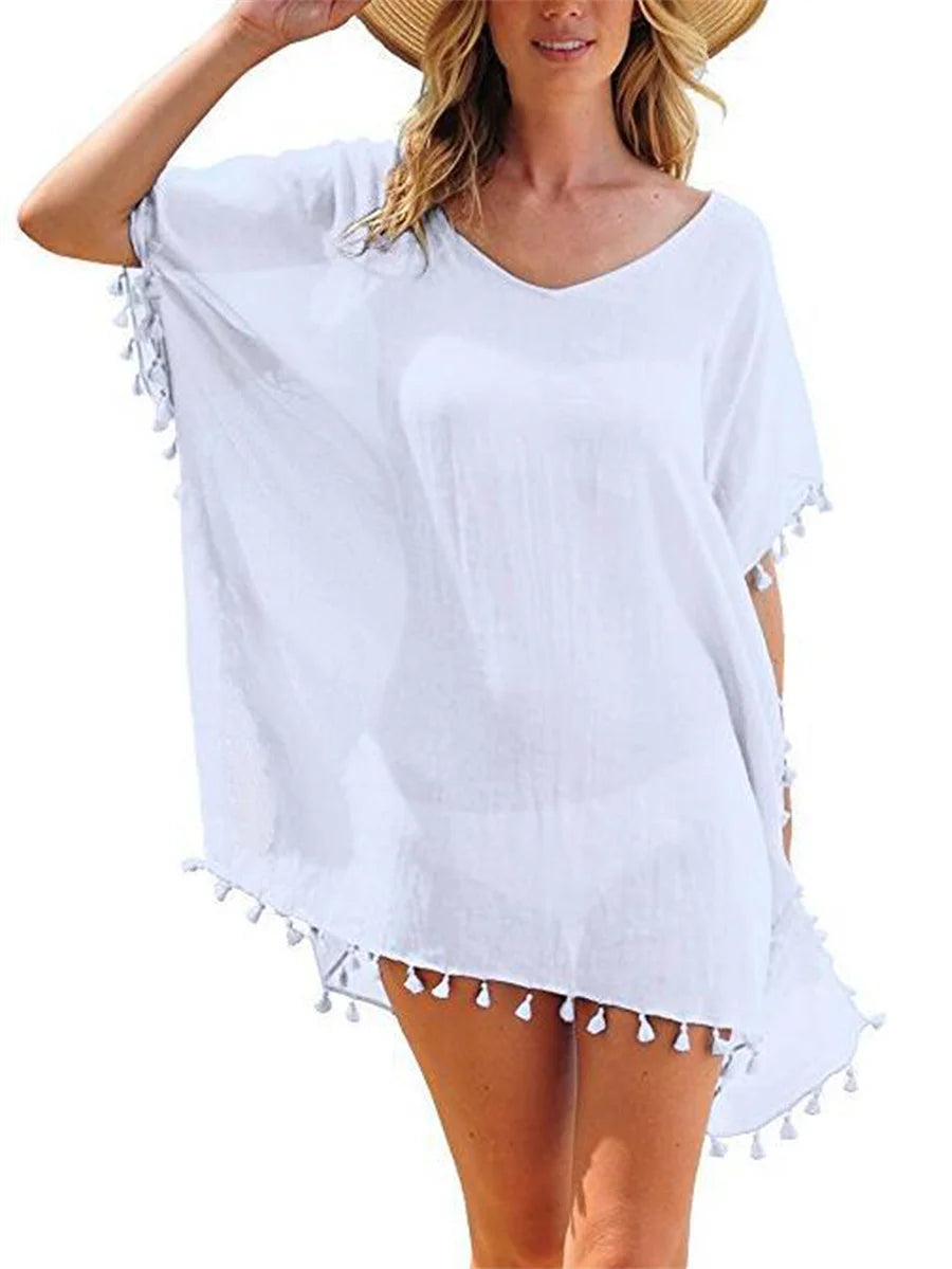 Women Chiffon Beachwear Tassel Bikini Cover Up Short Beach Dress Solid See-Through Swimsuit Summer Casual Swimwear