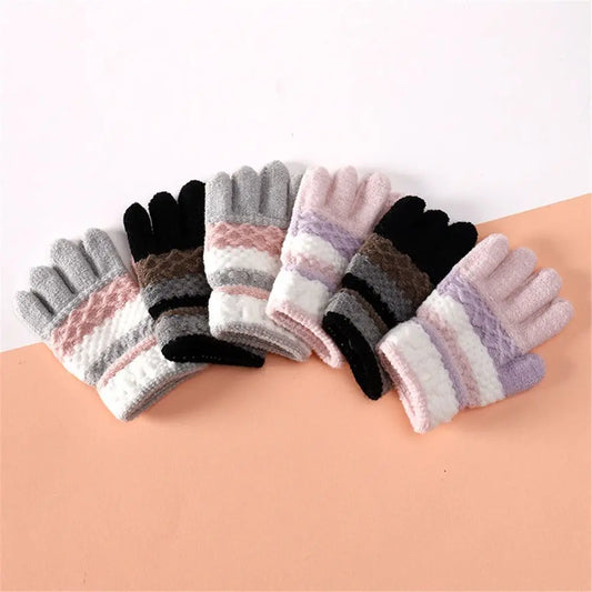 Kids Mittens Winter Autumn Stripe Elastic Full Finger Knitted Gloves Children Girls Boys Outdoor Warm Thick Gloves 3-8 Years