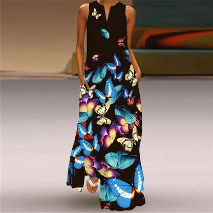 Fashion V-Neck Printed Sleeveless Women Maxi Dress Summer Casual Loose Straight Beach Long Dresses Ladies Sundress Lady Vestidos