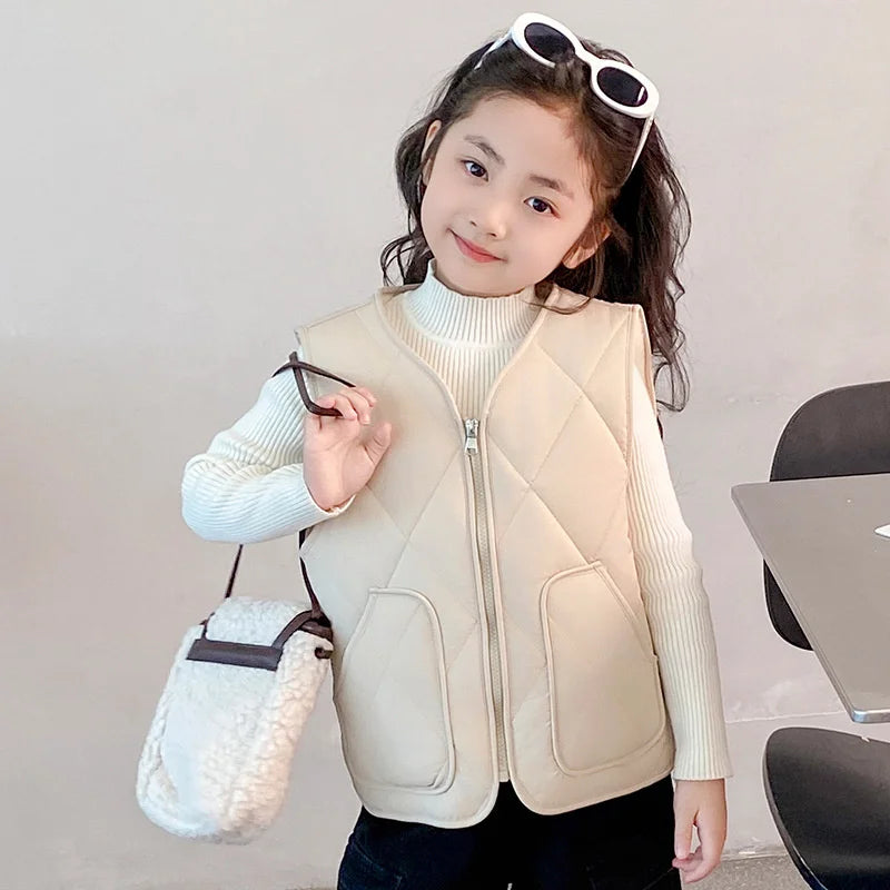 Kids Warm Cotton Vest Jackets Autumn Boys Girls Plus Velvet Waistcoat Children Winter Clothes Teen Solid Outer Coats 4-12 Years