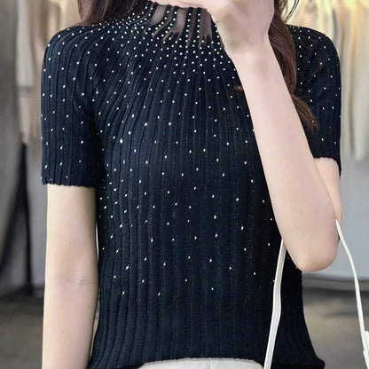 Summer New Women Wool Silk Short-sleeved T-shirt Sweater Half-high Collar Set With Diamonds Slim Pullover Base Knitted Top Tees