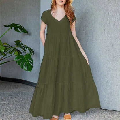 2024 ZANZEA Summer Maxi Long Dress Women Bohemian Holiday Sundress V Neck Short Sleeve Robe Femme Casual Loose Ruffles Vestidos