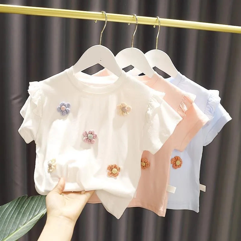 Round Neck Short Sleeved Floral T-shirt Ice Cream Basic Tops Summer Girls Clothes 2-6 Years