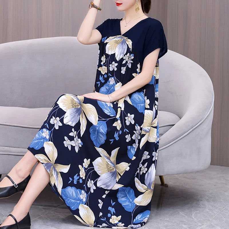 New Fashion 2024 Women Summer Dresses V-neck Casual Print Vintage Plus Size  Female Dresses