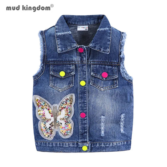 Mudkingdom Ripped Girls Denim Vest Butterfly Sequin Turn-Down Collar Autumn Sleeveless Jacket Kids Jean for Girl Sparkly Clothes