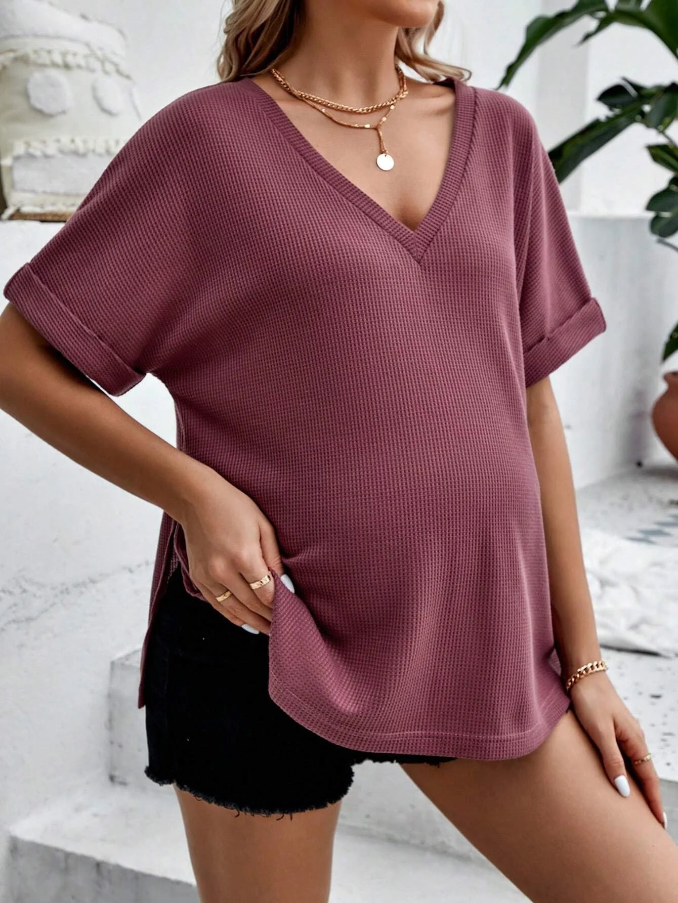 Pregnant women's waffle knit split hem bat sleeve T-shirt casual bottom short sleeved top