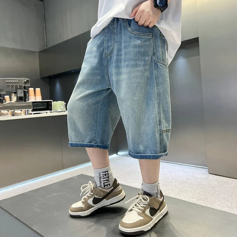 Summer Denim Shorts Big Kids Boys Loose Elastic Waist Children Casual Letter Patchwork Jean Short Children Cotton Jeans 4-14Y