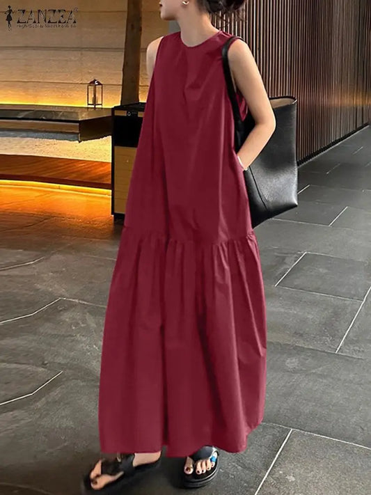 ZANZEA Women Holiday Casual Loose Ruffled Hem Long Dress Summer 2024 Streetwear Sleeveless Tank Dress Fashion Solid Maxi Vestido