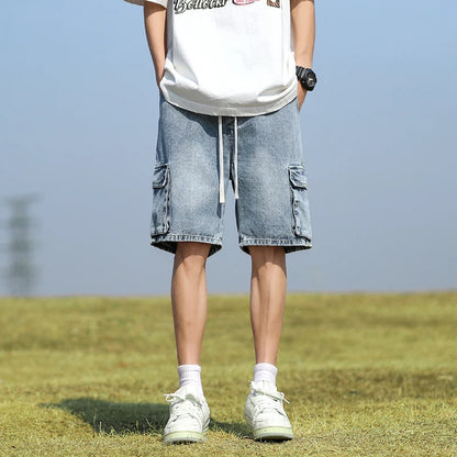 Summer Denim Shorts Men's Thin Straight Knee-length High Quality Shorts Elastic Waist Baggy Short Jeans Male Brand Clothes