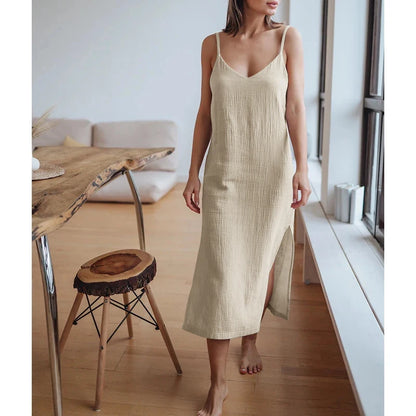 Muslin 100% Cotton Gauze Women'S Dress Sexy Adjustable Strap Sleeveless Open Side Maix Long Dress Summer Comfortable Outfit