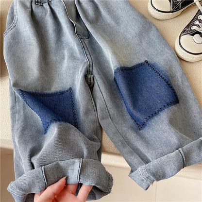 Spring and Autumn Children's Contrast Wide Leg Jeans Contrast Loose Relaxed Pants for Boys and Girls Jeans Baby Kids Trousers