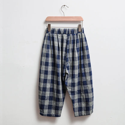 Children's Retro Blue Plaid Trousers 2024 Spring Autumn New Korean Boys And Girls Double-Layer Cotton Casual Harem Pants WTP121