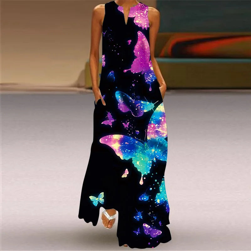 Fashion V-Neck Printed Sleeveless Women Maxi Dress Summer Casual Loose Straight Beach Long Dresses Ladies Sundress Lady Vestidos