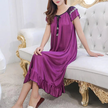 Women Sleeping Dress O-Neck Lace-up Short Sleeve Summer Nightdress Satin Ruffle Hem Girls Nightgown