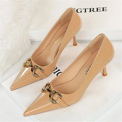 Women 7cm 10cm High Heels Wedding Bridal Replica Pumps Lady Scarpins Metal Chain Buckle Low Heels Stiletto Nude Green Prom Shoes