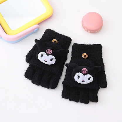 5-12 Years Children Gloves Winter Knitted Half Finger Flip Gloves Girls Boys Cute Cartoon Warm Thick Kids Mittens