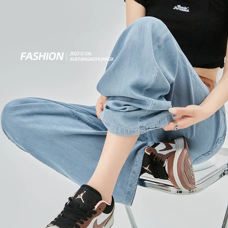 Blue Ice Silk Jeans Women's Summer Thin Straight Pants Micro Speaker Mop Wide Leg Pants Long Pants Y2K Denim Casual Pants Pocket