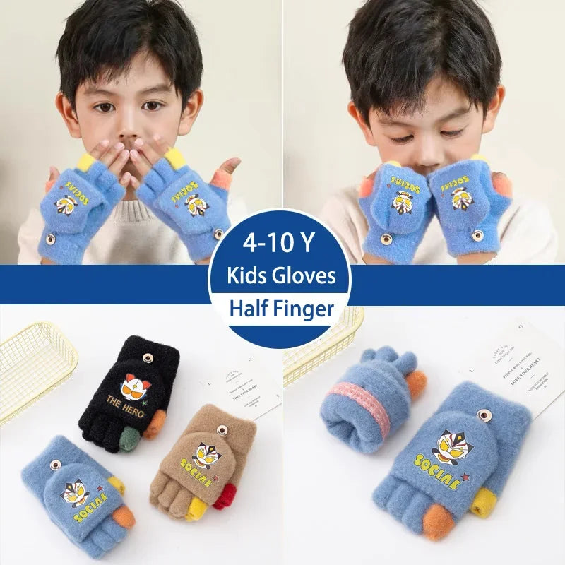 5-12Y Cute Children Gloves Winter Autumn Half Finger Flip Cover Warm Boy Girl Mittens Cartoon ultraman Kids Cycling Gloves