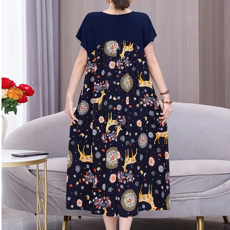 New Fashion 2024 Women Summer Dresses V-neck Casual Print Vintage Plus Size  Female Dresses