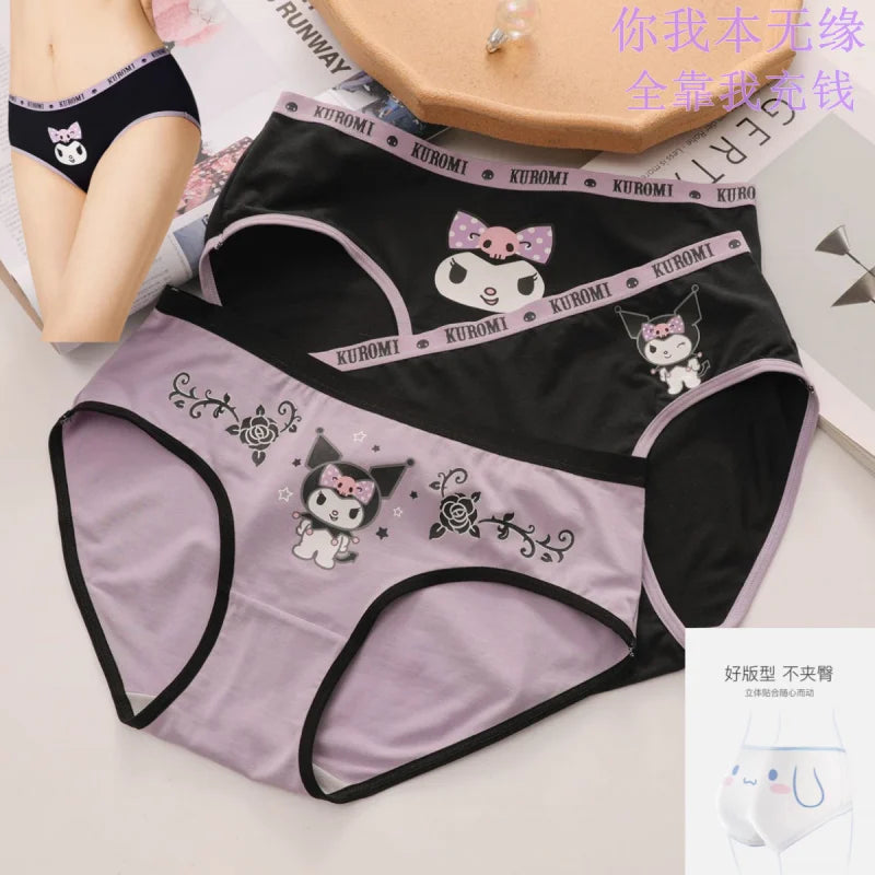 3Pcs/set Kawaii Kuromi Underwear Anime Sanrio Cinnamoroll My Melody Cute Girl Pure Cotton Antibacterial Lace Underpants Briefs