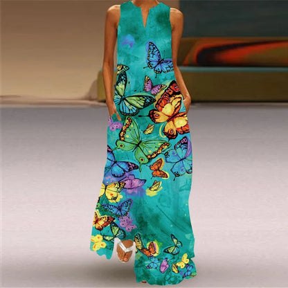 Fashion V-Neck Printed Sleeveless Women Maxi Dress Summer Casual Loose Straight Beach Long Dresses Ladies Sundress Lady Vestidos