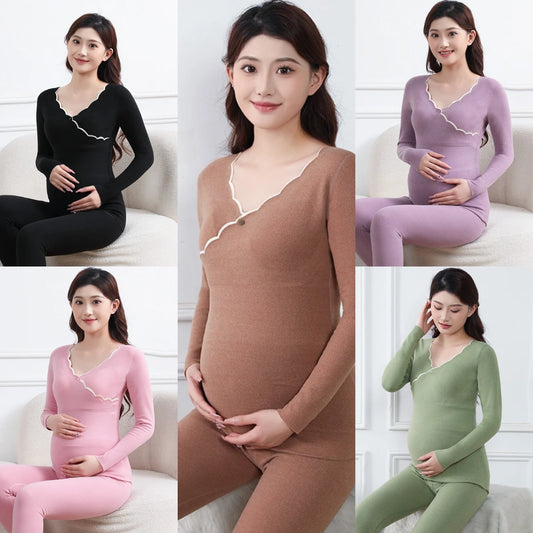 2PCS/Set Maternity Padded Warm Pajamas Pregnant Women's Homewear with Cups No Need to Wear Bra Breastfeeding Bottoming Underwear