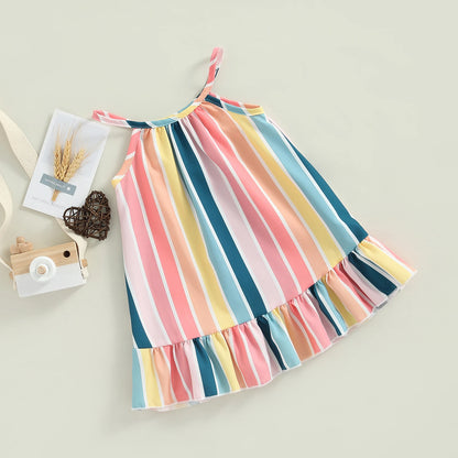 Kids Infant Baby Girls Summer Sleeveless Dress Vertical Stripe Print Ruffle Hem Casual Spaghetti Strap Dress 6M-4T