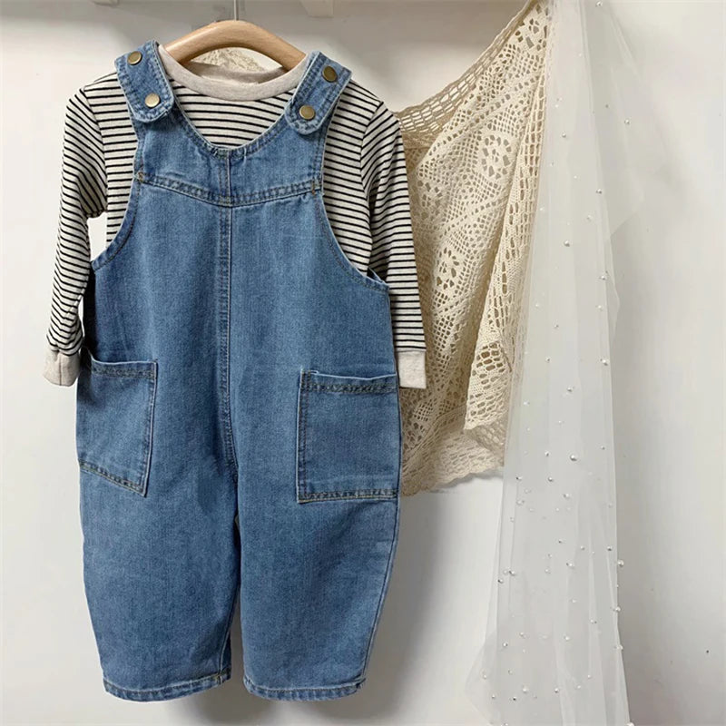 Korean Version Of The 2024 Spring And Autumn Models Boys And Girls Baby Casual Denim Overalls Jumpsuit Jeans