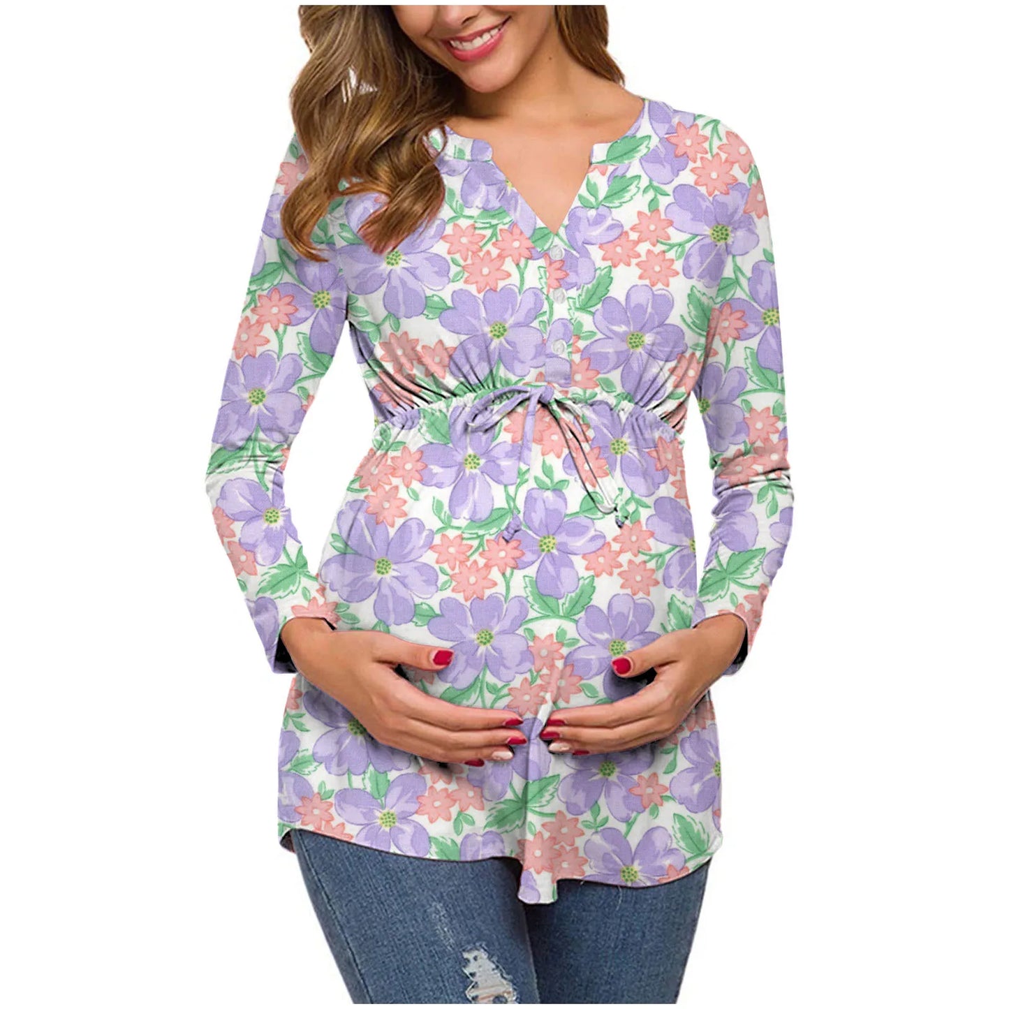 Women's Spring Autumn Long-sleeved V-neck cotton Maternity Dress Comfortable  Breathable Printed Nursing Top lactation Dress