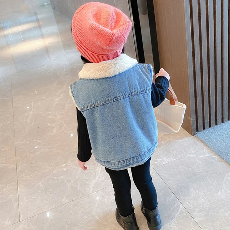 Boys and Girls' Vest Fleece Soft and Thickened Denim Tank Top Autumn Winter 2023 New Children's Coat Girls Fashion Kids Outfit