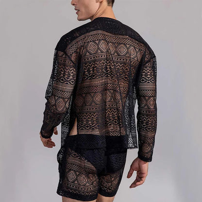 Men's Clothing Fashion Suit Men 2pcs Clothes Set Hollow Out Sexy Lace Short Sleeve Casual T Shirt Top Shorts Summer Solid Color