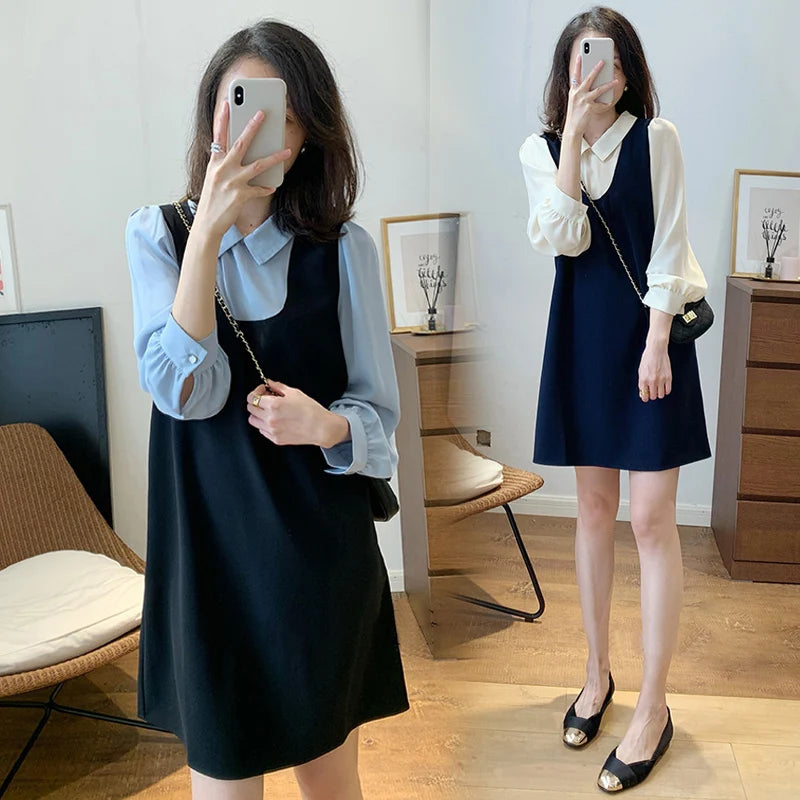 2024 autumn maternity dress preppy style pregnant women long sleeve loose dresses block color plus size pregnancy vintage dress