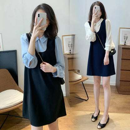 2024 autumn maternity dress preppy style pregnant women long sleeve loose dresses block color plus size pregnancy vintage dress