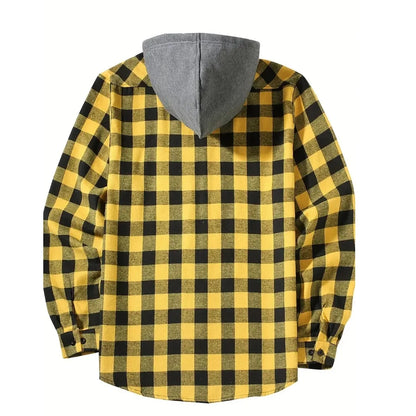 Men's Shirts Classic Plaid Casual Button Down Hooded Long Sleeved Double Pockets Shirt Hoodie Flannel Jacket Spring Autumn Tops