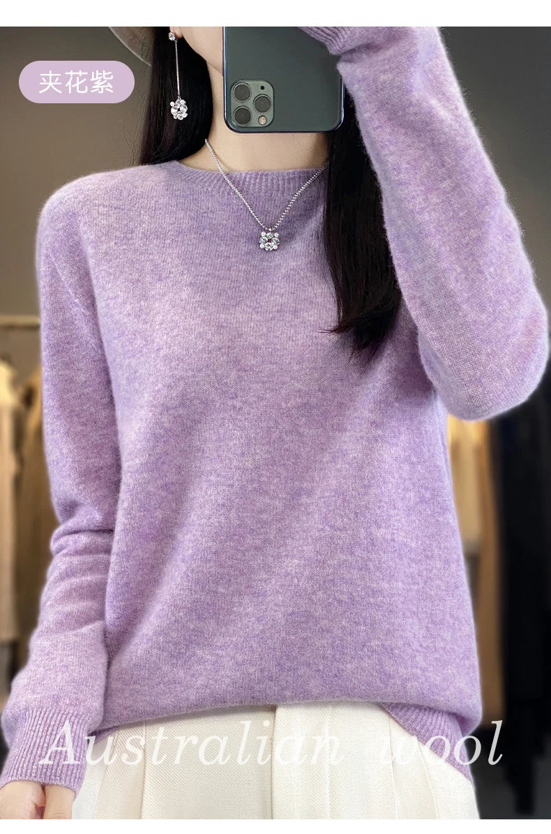 Women 100% Pure Merino Wool Knitted Sweater Autumn Winter Fashion O-Neck Pullover Seamless Jumper Tops Cashmere Warm Clothes