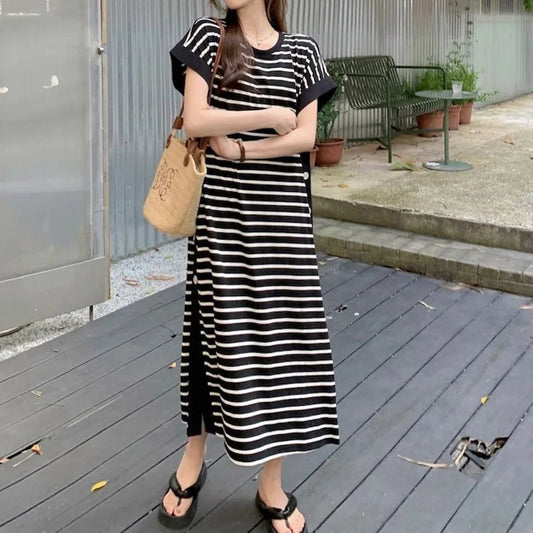 2024 New Casual Korean Striped O-neck Short Sleeve Long Dress Ladies Simplicity Patchwork Loose Tshirt Dress Women Clothing