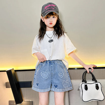 Girls Denim Short Heart Pattern Jeans For Girls Summer Children Jeans Casual Style Kids Clothes 6 8 10 12 14