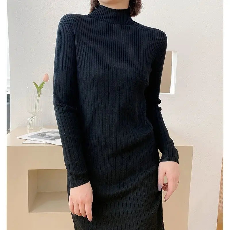 Autumn Winter New Fashion Long Sleeve Solid Half High Collar Sweaters Women's Clothing Loose All-match Knitting Trend Dresses