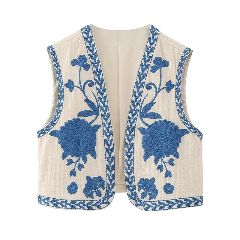 KEYANKETIAN Women Vintage Floral Embroidered Open WaistCoat Ladies National Style Vest Jacket Outfits Casual Vacation Crop Top