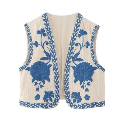 KEYANKETIAN Women Vintage Floral Embroidered Open WaistCoat Ladies National Style Vest Jacket Outfits Casual Vacation Crop Top