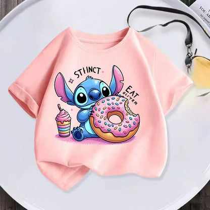 Disney Kids kawaii Clothing T-shirt Teen Playful Stitch Print Comfy crew neck Top Boys Girls Casual short sleeve