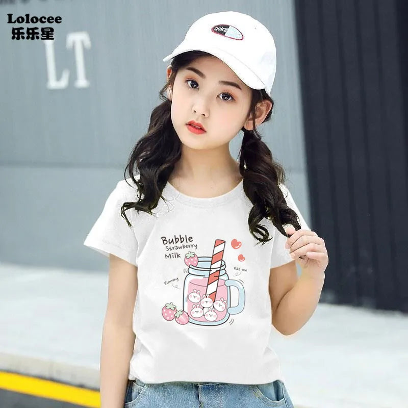 Girls Cute Strawberry Milk Shake Cartoon T-shirt Kids Short-Sleeve Graphic Pink Tops Tee