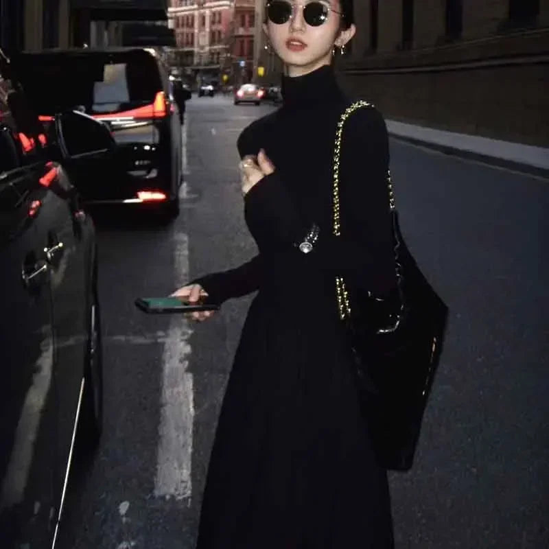 Hepburn Style Women Dress High Waist Elegant Black Midi Dress Fashion Korean Half High Collar Long Sleeve A Line Dress Autumn